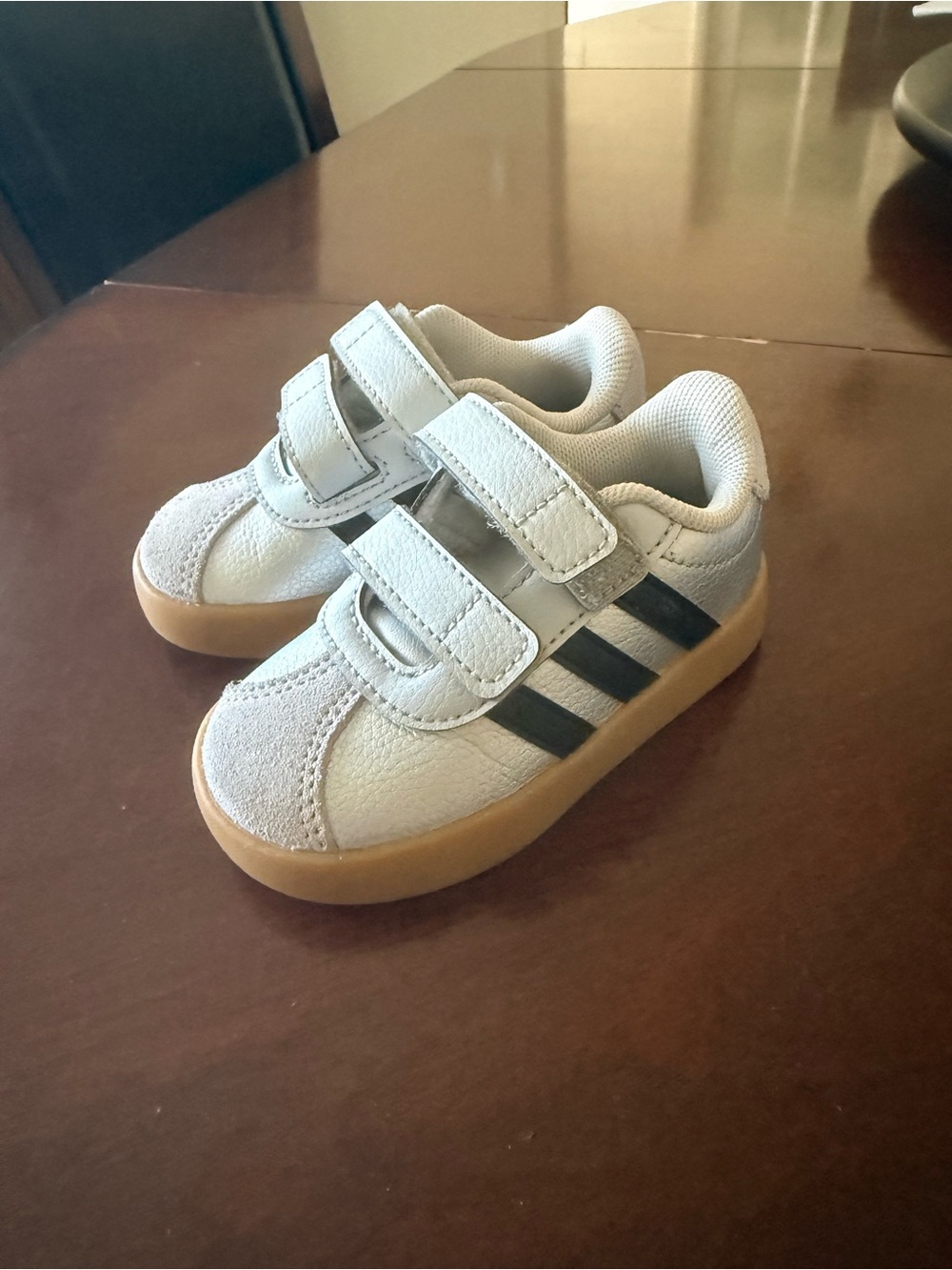 Kids White and Tan Velcro Sneakers with Black Stripes